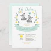 Gender neutral Twin Cute bear babyshower 招待状 (正面/裏面)