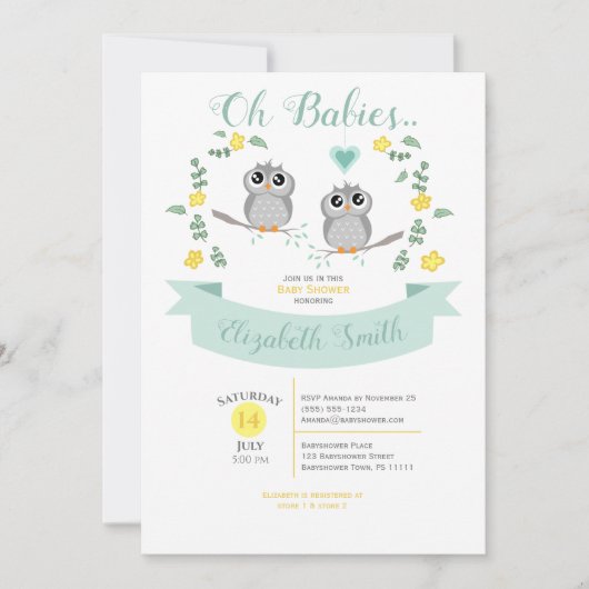 Gender neutral Twin Cute owls babyshower 招待状 (正面)