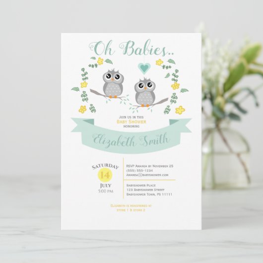 Gender neutral Twin Cute owls babyshower 招待状 (スタンド正面)