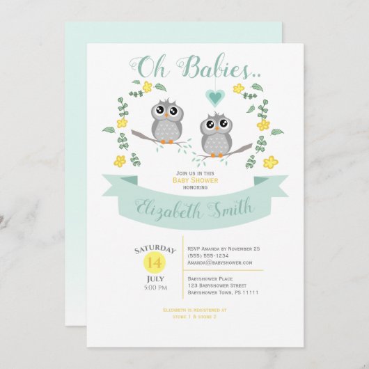 Gender neutral Twin Cute owls babyshower 招待状 (正面/裏面)