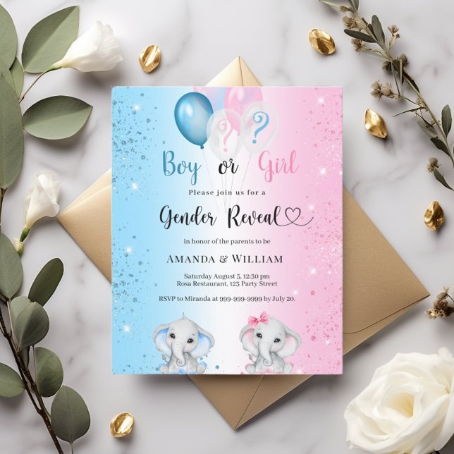 Gender reveal blue pink elephants invitation (クリエイターアップロード済み)