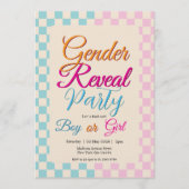 Gender Reveal Blue-Pink Plaid Checkered 招待状 (正面)