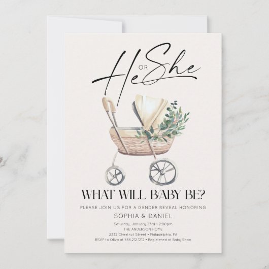 Gender Reveal Boho Baby Stroller Baby Shower  招待状 (正面)