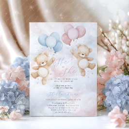 Gender Reveal He or She Bear Balloon Invitation 招待状