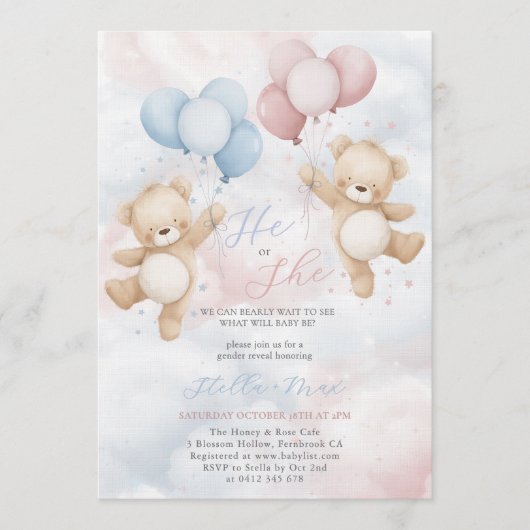 Gender Reveal He or She Bear Balloon Invitation 招待状 (正面)