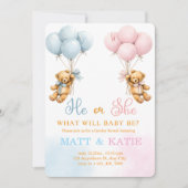 Gender Reveal "He or She Bear Balloons Blue Pink  招待状 (正面)