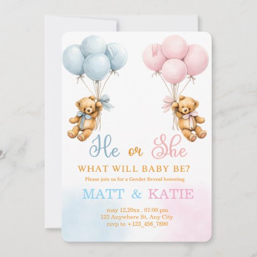 Gender Reveal "He or She Bear Balloons Blue Pink  招待状 (正面)