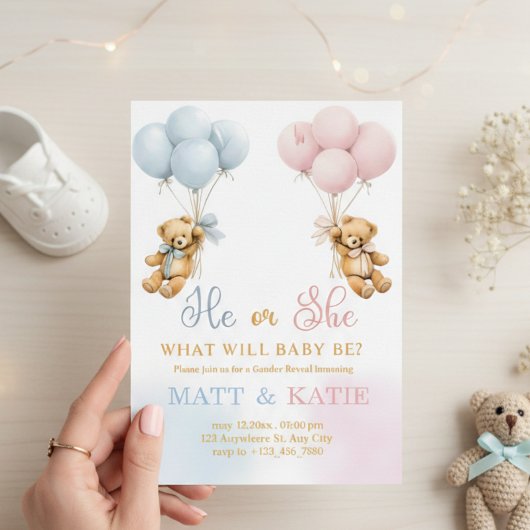 Gender Reveal "He or She Bear Balloons Blue Pink  招待状