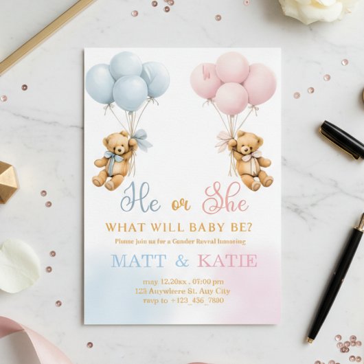 Gender Reveal "He or She Bear Balloons Blue Pink  招待状