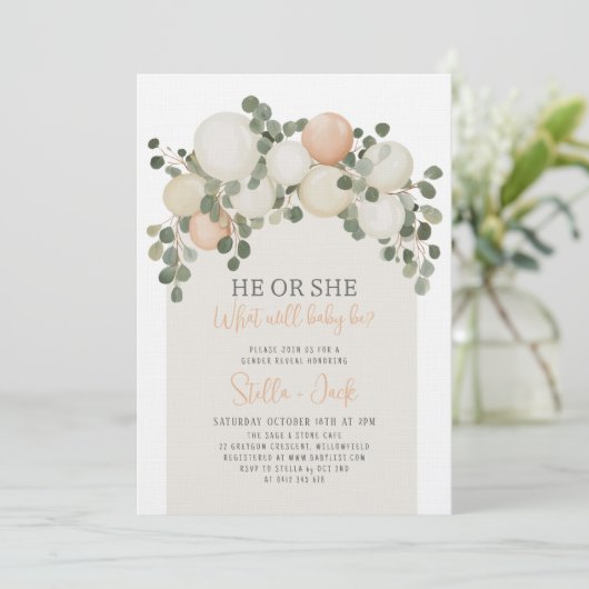 Gender Reveal He or She Greenery Balloons  招待状 (スタンド正面)