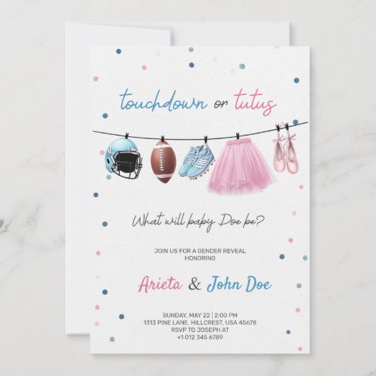 Gender Reveal Invitation card with a football,tutu 招待状 (正面)