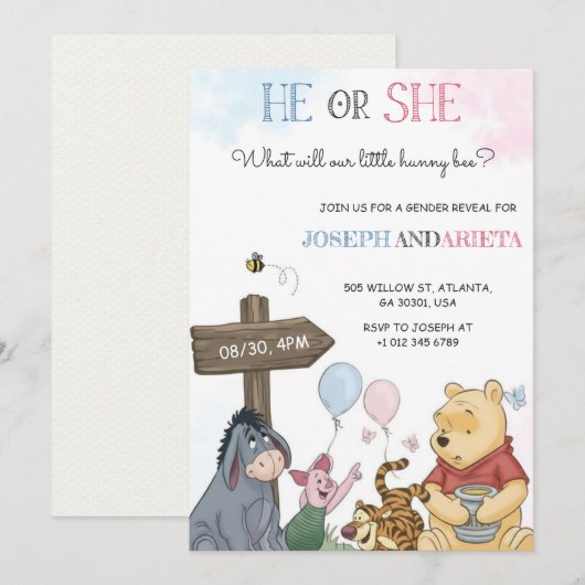 Gender reveal invitation card with joyful imagery 招待状 (正面/裏面)