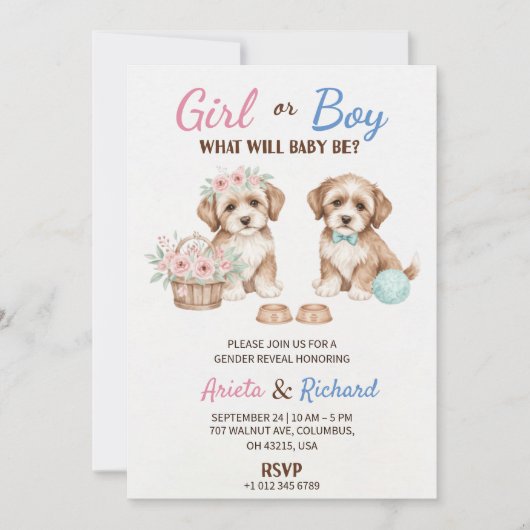 Gender reveal invitation featuring two puppies 招待状 (正面)