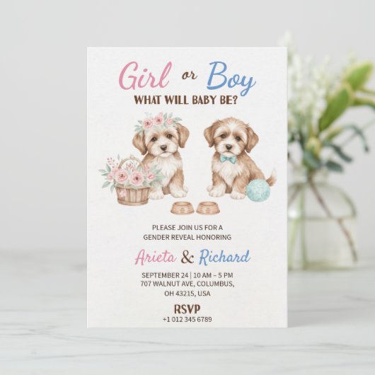 Gender reveal invitation featuring two puppies 招待状 (スタンド正面)