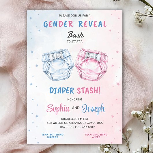 Gender reveal invitation with "Bash" and "Diaper 招待状