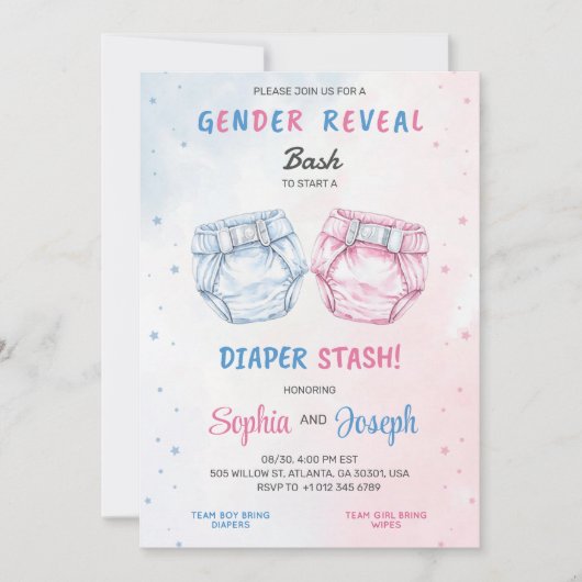Gender reveal invitation with "Bash" and "Diaper 招待状 (正面)