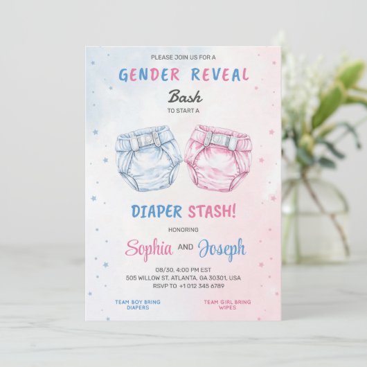 Gender reveal invitation with "Bash" and "Diaper 招待状 (スタンド正面)