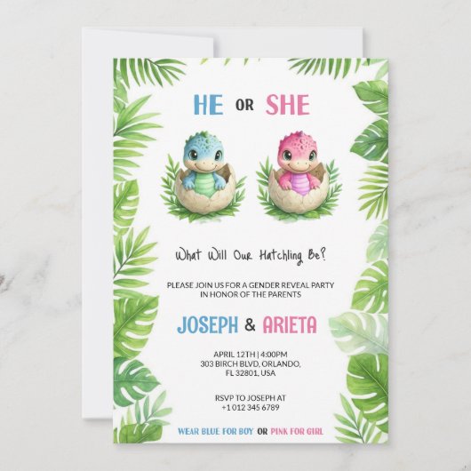 Gender reveal invitation with cartoon dinosaur egg 招待状 (正面)