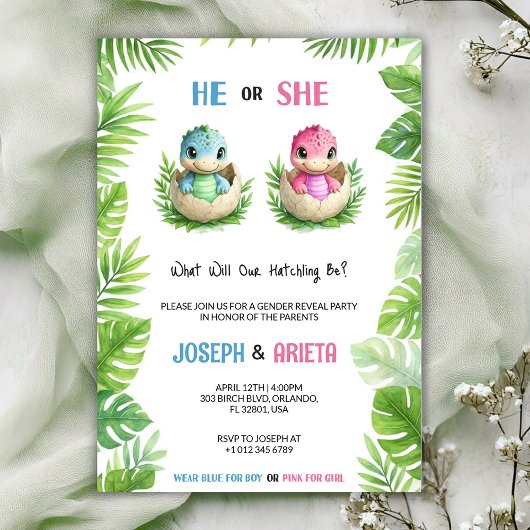 Gender reveal invitation with cartoon dinosaur egg 招待状