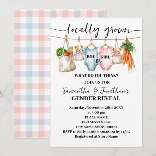 Gender Reveal Locally Grown Baby is coming 招待状 (正面/裏面)