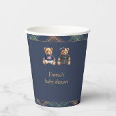 Gender Reveal Paper Cups Navy Plaid Teddy Bear 紙コップ (正面)