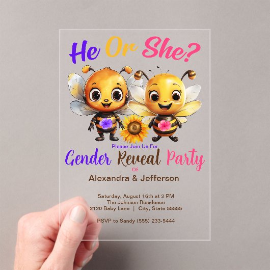 Gender Reveal Party He or She Baby Bee Shower アクリル招待状 (インサイチュ (ポータブル))