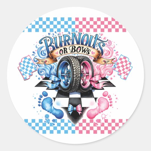 Gender Reveal Pink and Blue Bows and Tires ラウンドシール (正面)
