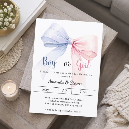 Gender reveal pink blue bow boy girl 招待状