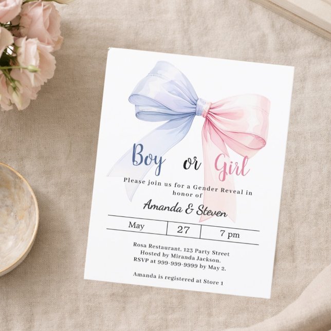 Gender reveal pink blue bow boy girl invitation (クリエイターアップロード済み)