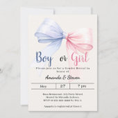 Gender reveal pink blue bow ivory boy girl 招待状 (正面)