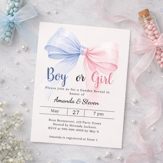 Gender reveal pink blue bow ivory boy girl 招待状