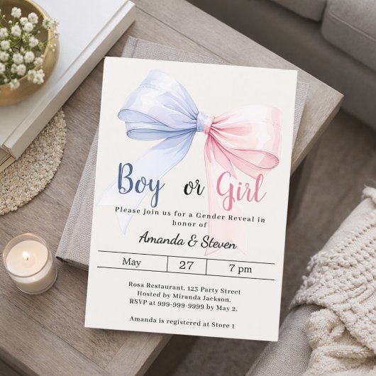 Gender reveal pink blue bow ivory boy girl 招待状