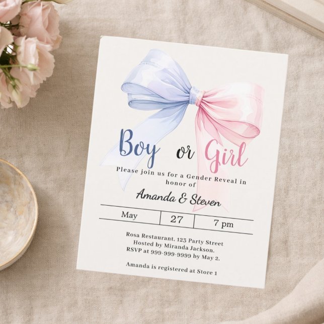 Gender reveal pink blue bow ivory invitation (クリエイターアップロード済み)