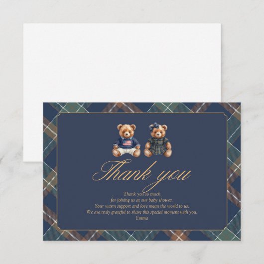 Gender Reveal Thank You Card Navy Plaid Teddy Bear サンキューカード (正面/裏面)