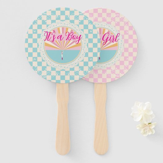 Gender Reveal Two-Sided Blue-Pink Plaid Checkered ハンドファン (正面&裏面)
