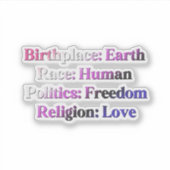 Genderfluidプライド – 生誕地：地球。人種：人間 シール (正面)