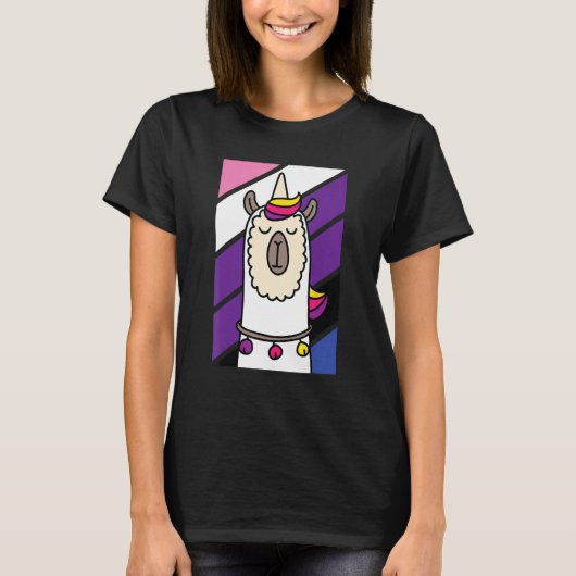 Genderfluid Llama LGBT-Qアルパカおもしろいユニコーンプリッド Tシャツ (正面)