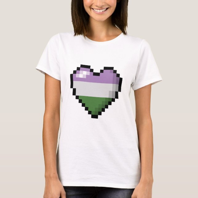 Genderqueerの大きいピクセルハートデザインプライドフラグ Tシャツ (正面)