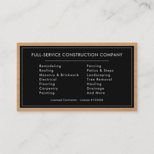 General Contractor Modern Silver & Black Wood 名刺 (裏面)