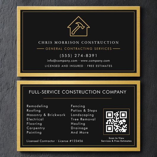 General Contractor QR Code Black & Gold Metallic 名刺