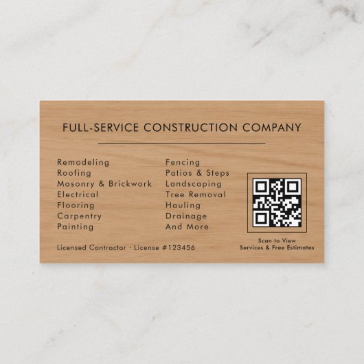 General Contractor Rustic Wood QR Code 名刺 (裏面)