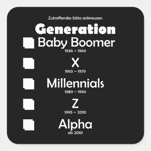 Generationen Baby Boomer, X, Y, Millennials, Z, Al スクエアシール (正面)