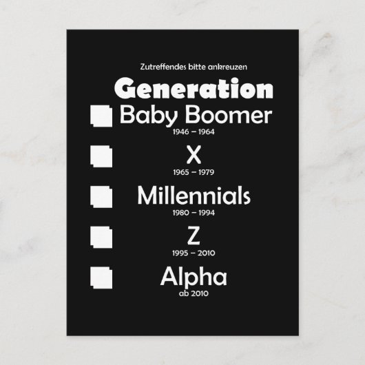 Generationen Baby Boomer, X, Y, Millennials, Z, Al ポストカード (正面)