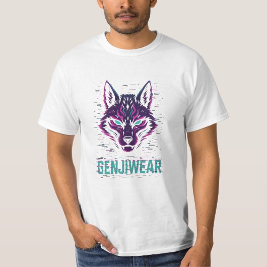 Genjiwear サイバーキツネ - ネオンの狐の霊のグリッチT Tシャツ (正面)