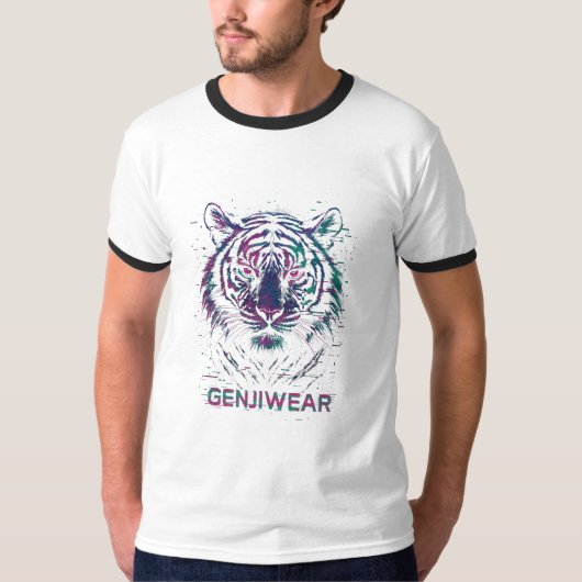 Genjiwear Glitch Tiger – Neon Cyber Beast Streetwe Tシャツ (正面)