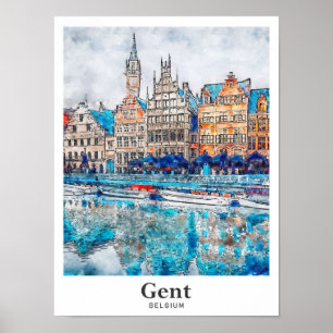 Gentベルギー旅行水の色手描き ポスター