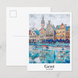 Gentベルギー旅行水の色手描き ポストカード