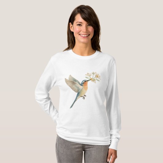Gentle Bird Offering Flowers Watercolor Tee Tシャツ (正面フル)