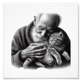 Gentle Bond: Elderly Man Embracing Kitten Wall Art フォトプリント