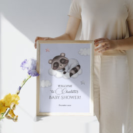 Gentle Boy Raccoon Blue Baby Shower Welcome ポスター